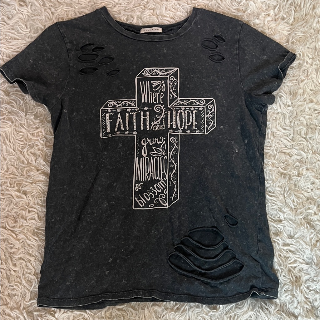 Black /Grey Graphic Distressedtee With Cross Design